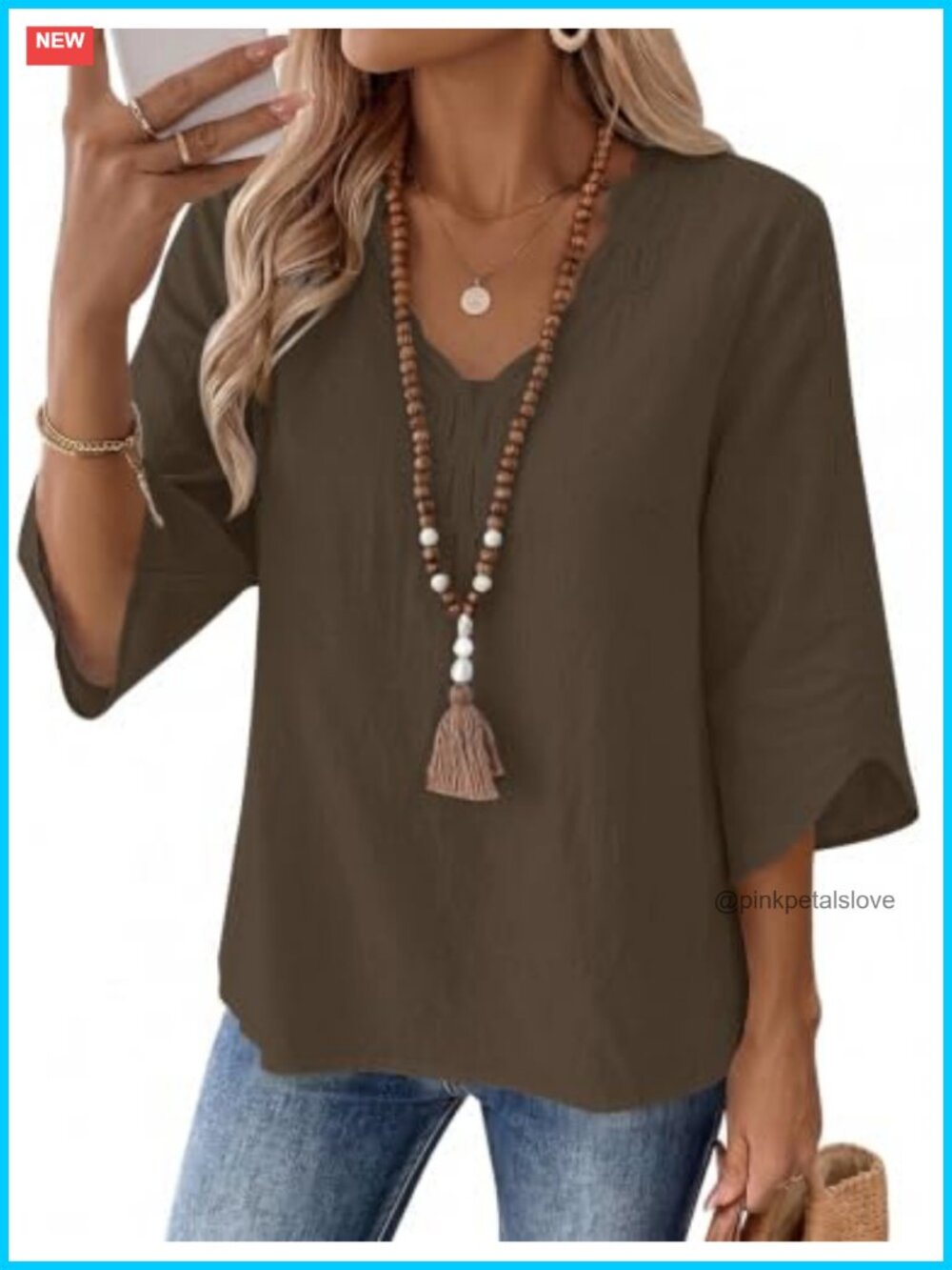 Linen Tops for Women 3/4 Sleeve V Neck Lace T Shirt Tunic Boho Top